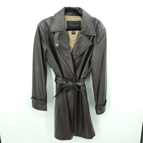 VTG Centigrade Long Line Belted Leather Trench Coat L Brown - Picture 1 of 14
